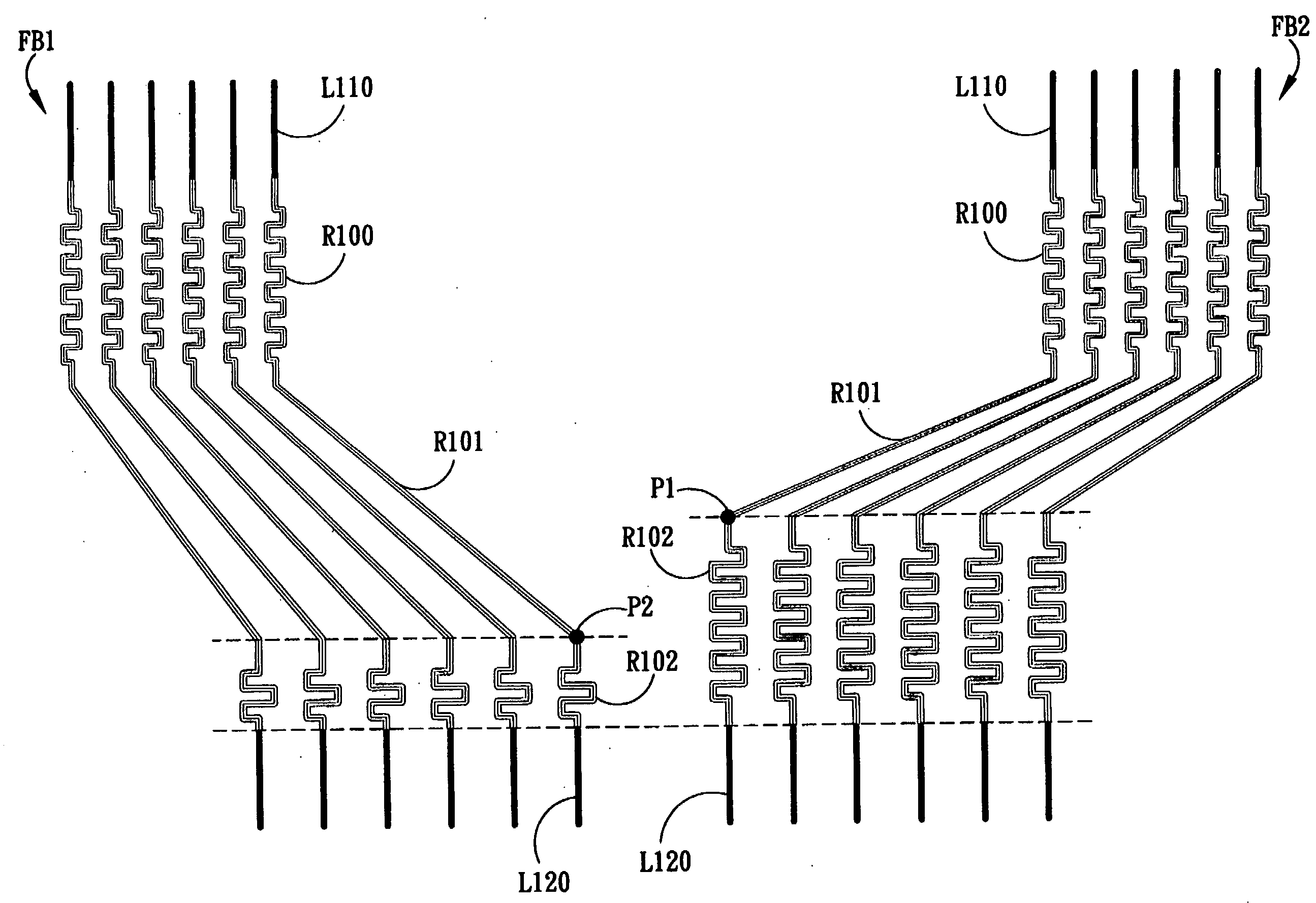 Electronic device with uniform-resistance fan-out blocks