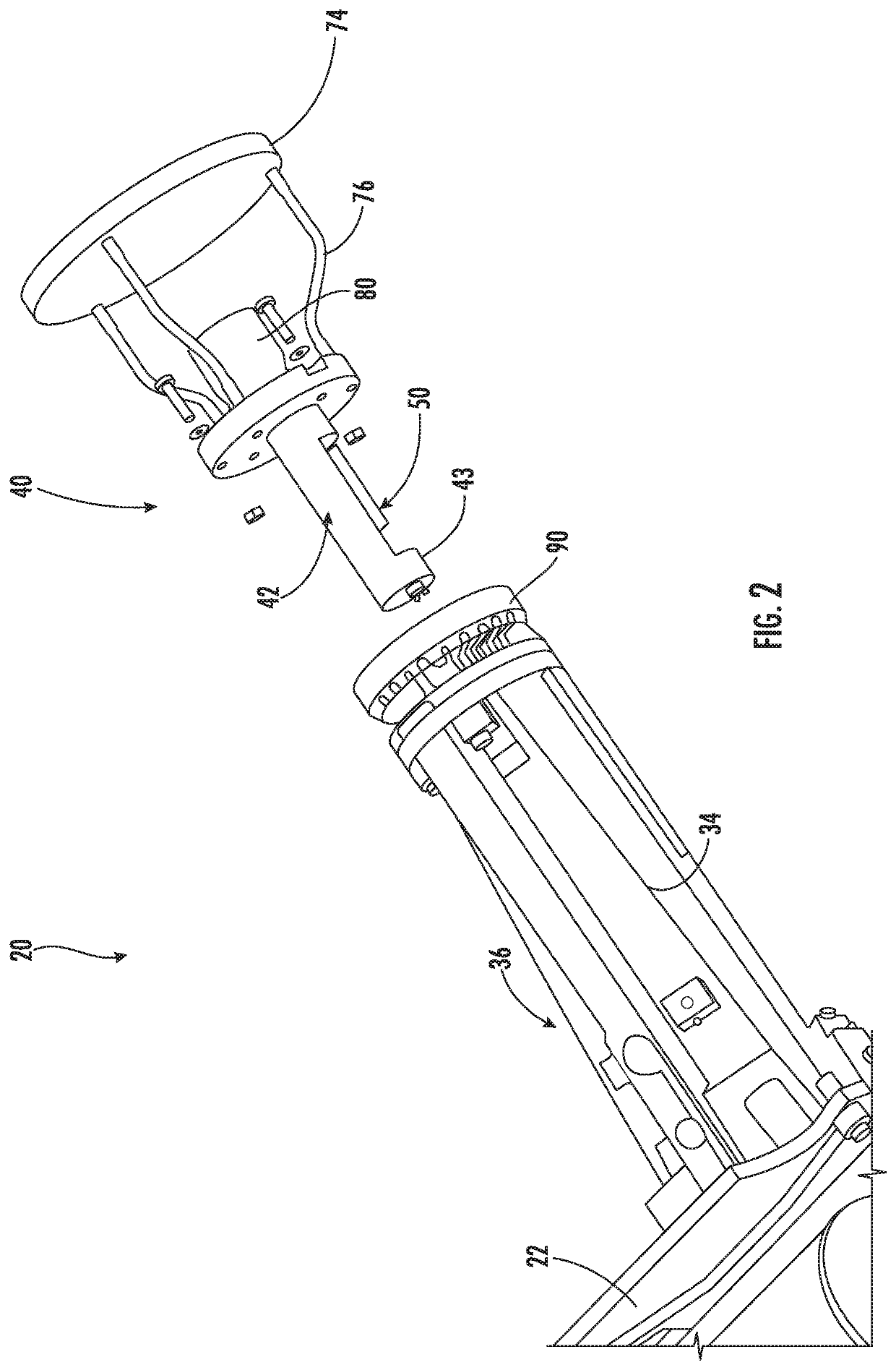 Satellite system having radio frequency assembly with signal coupling pin and associated methods