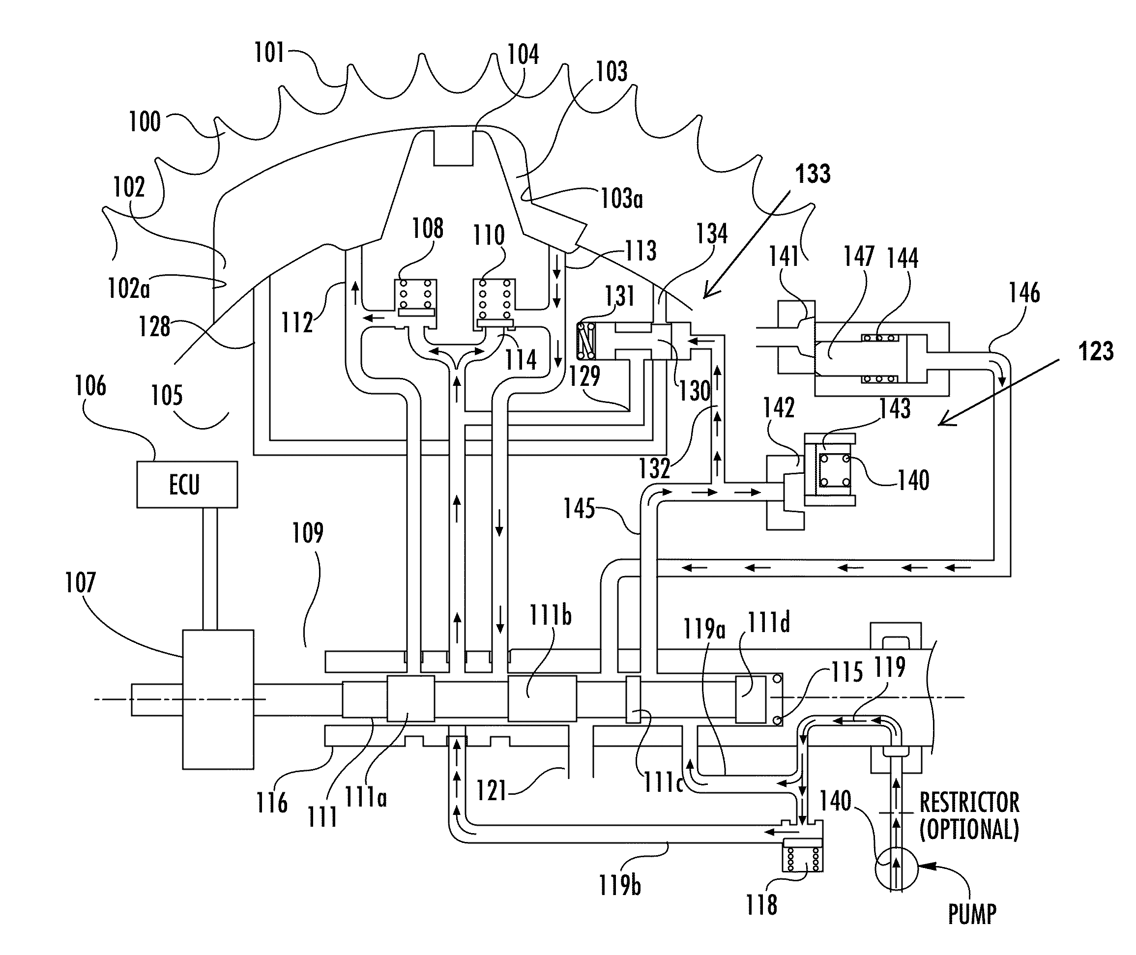 Variable camshaft timing mechanism with a lock pin engaged by oil pressure