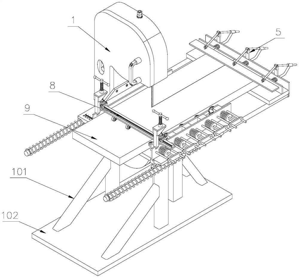 Band sawing machine for cutting long-strip-shaped timber