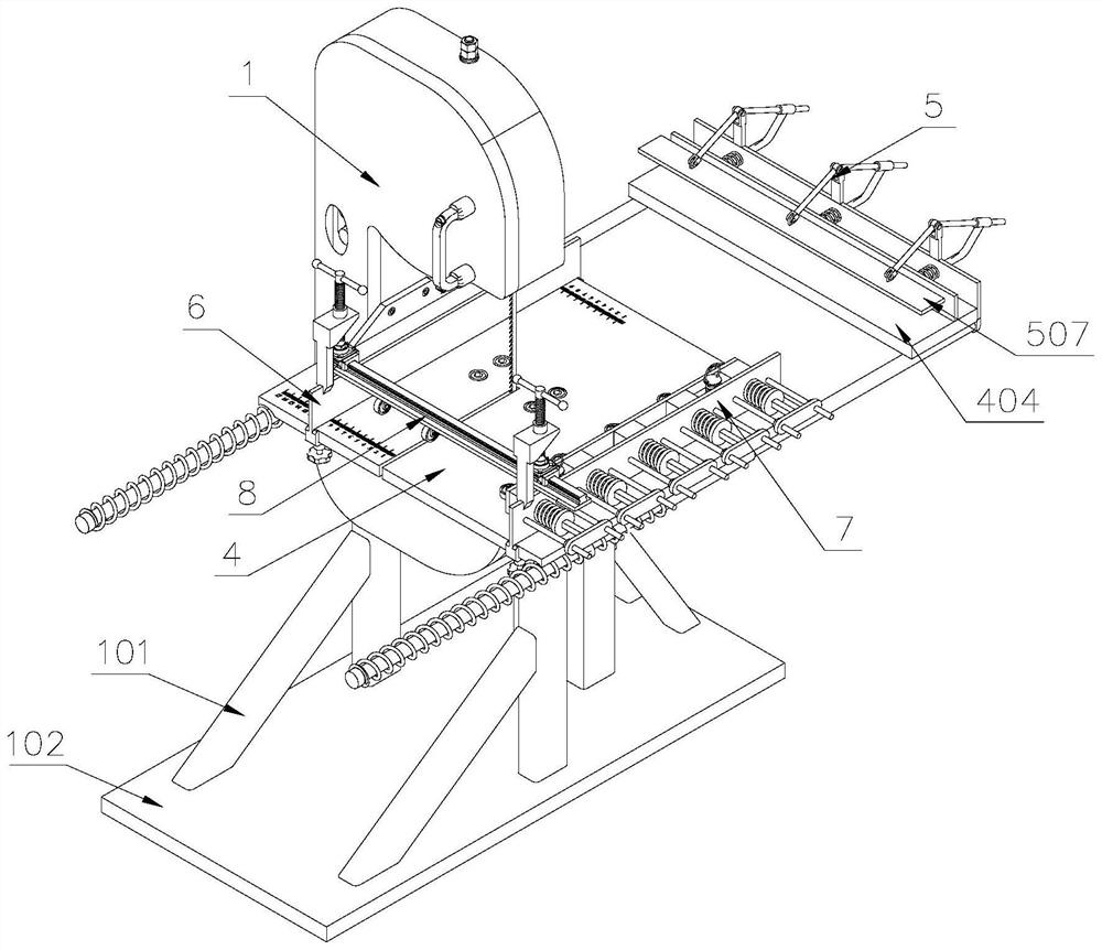 Band sawing machine for cutting long-strip-shaped timber