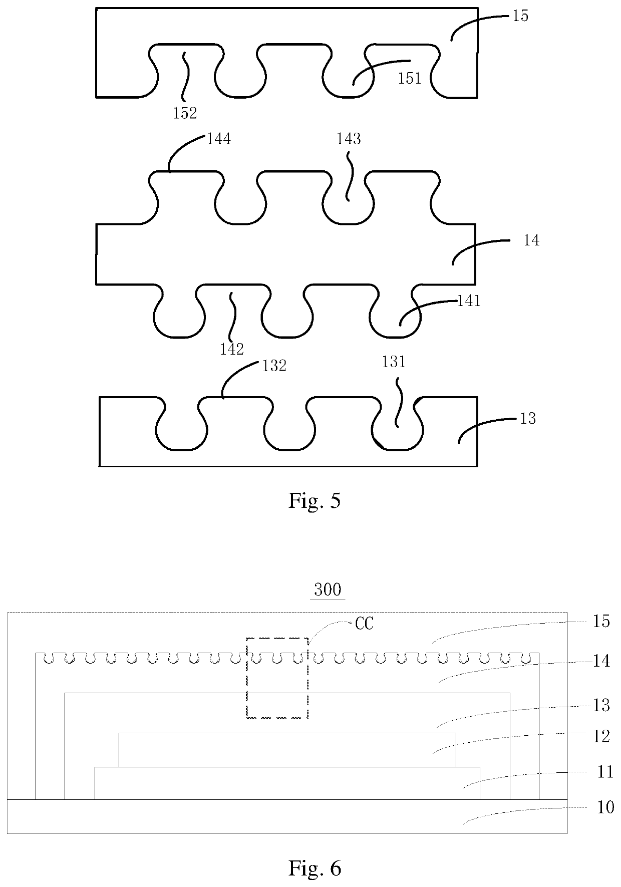 Display panel having thin film layers with recesses and protrusions