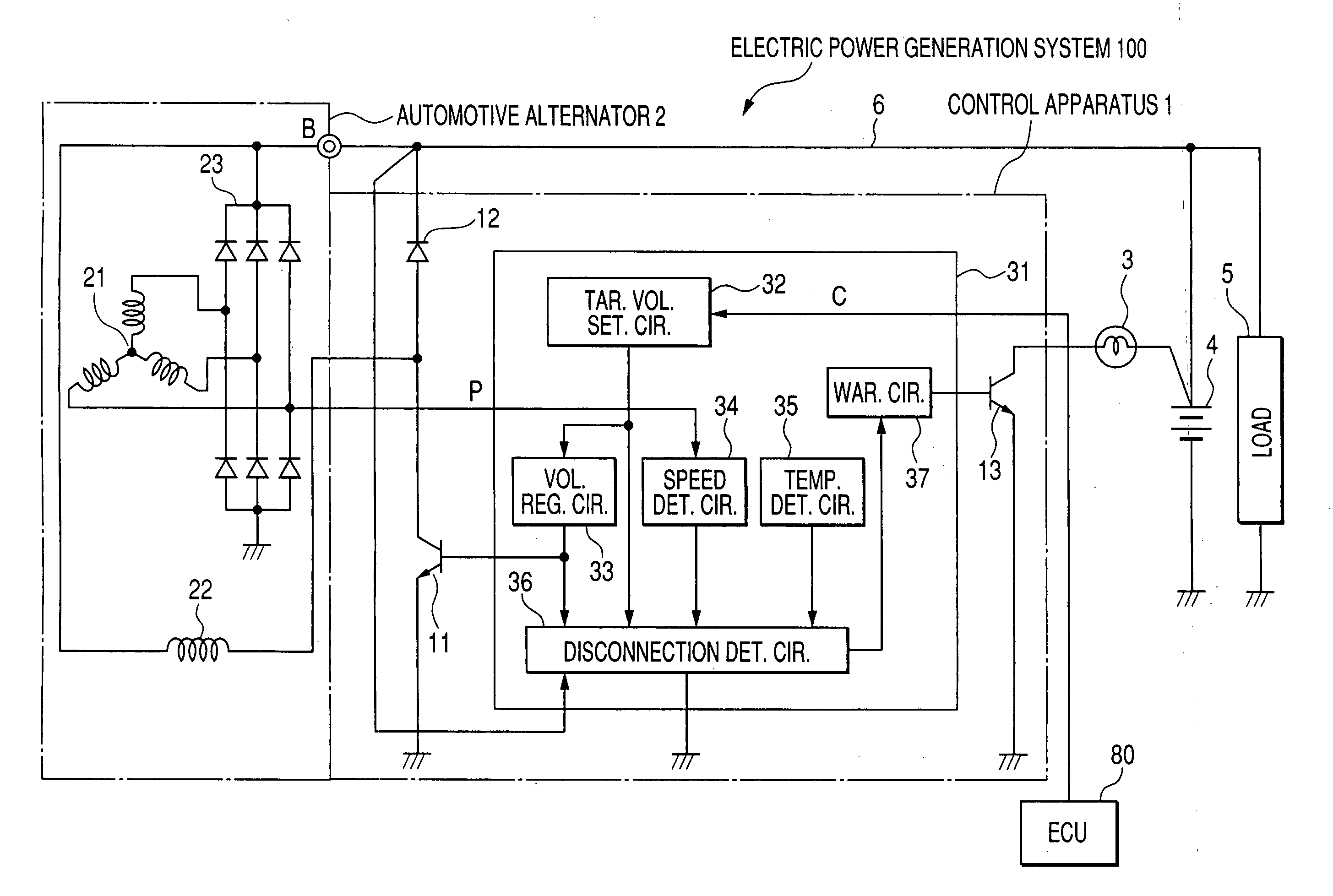 Control apparatus for automotive alternator having capability of reliably detecting disconnection between alternator and battery