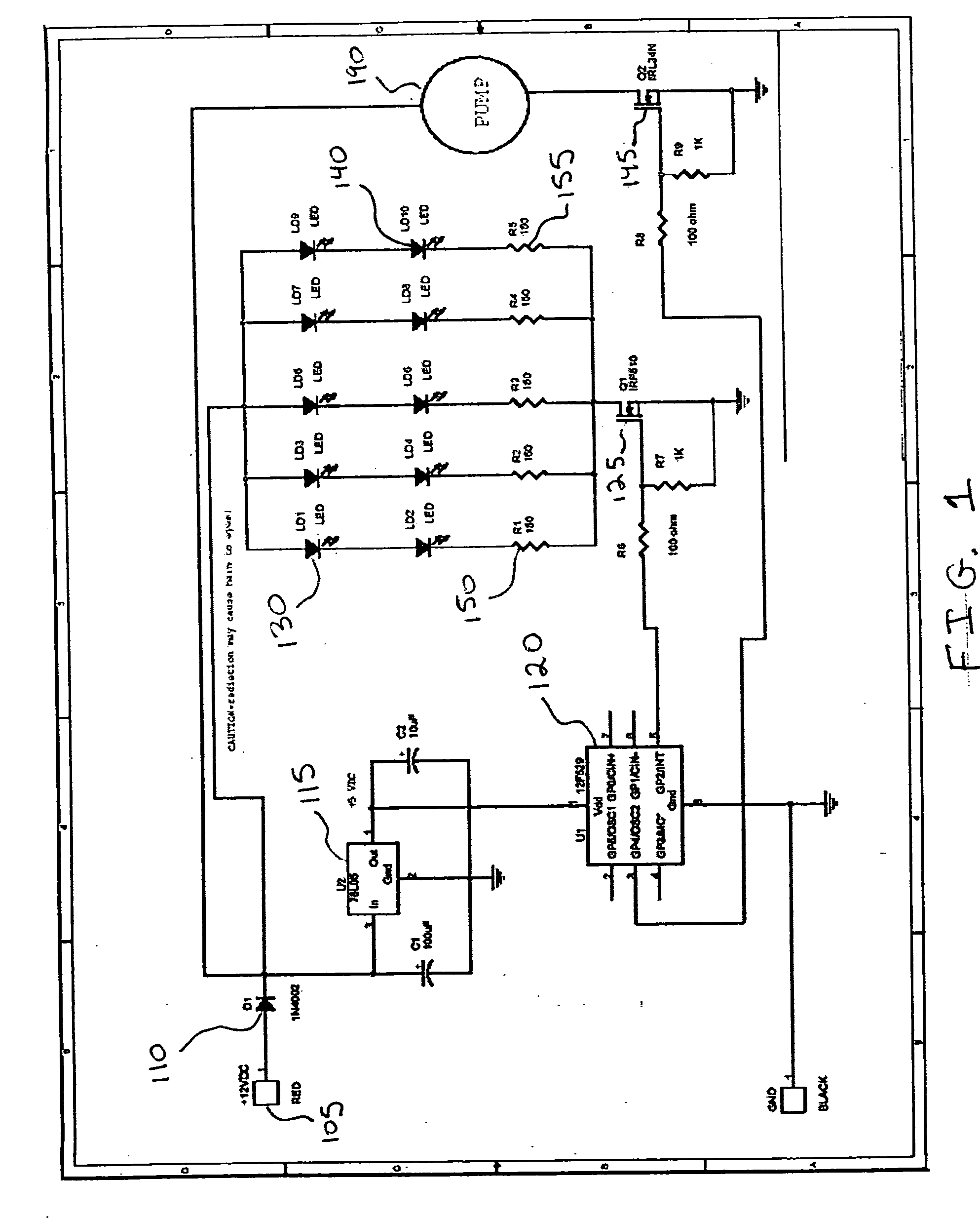 Sterilizing method, system, and device utilizing ultraviolet light emitting diodes powered by direct current or solar power in a recreational vehicle or marine environment