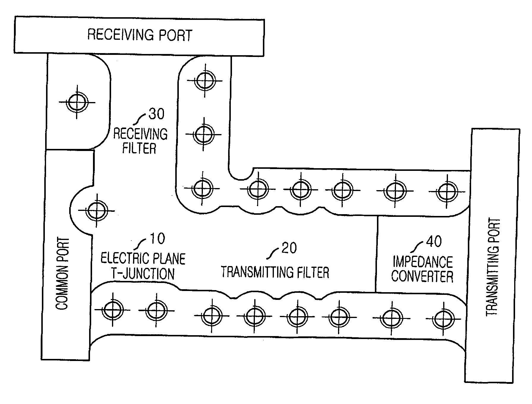 Waveguide diplexer of electric plane T-junction structure with resonant iris