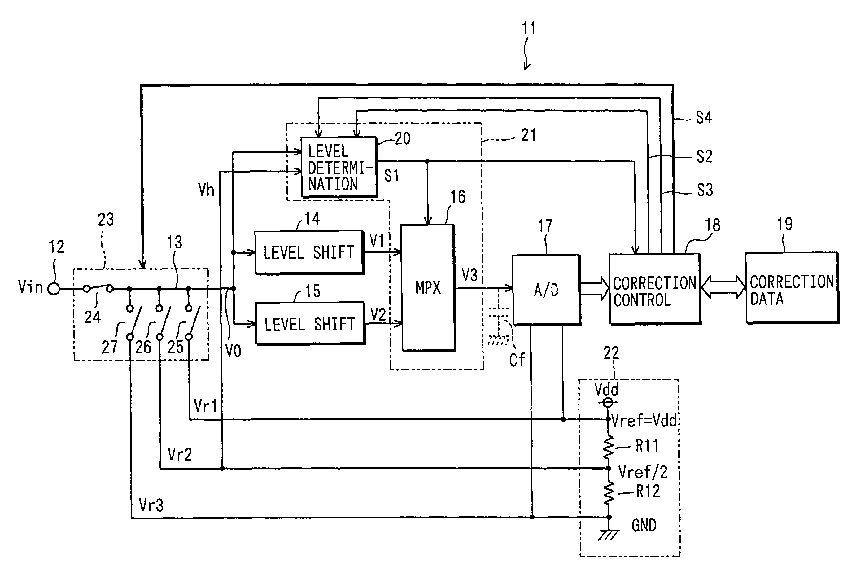 A/D conversion device having input level shift and output correction function