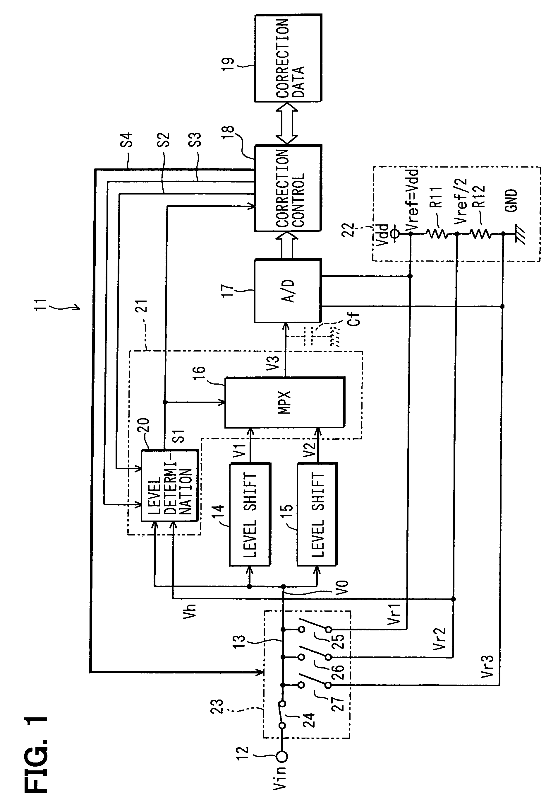 A/D conversion device having input level shift and output correction function