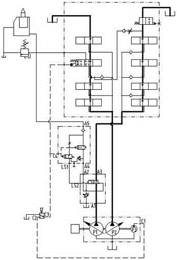 Double-pump valve outside flow-converging system suitable for breaking hammer of excavator