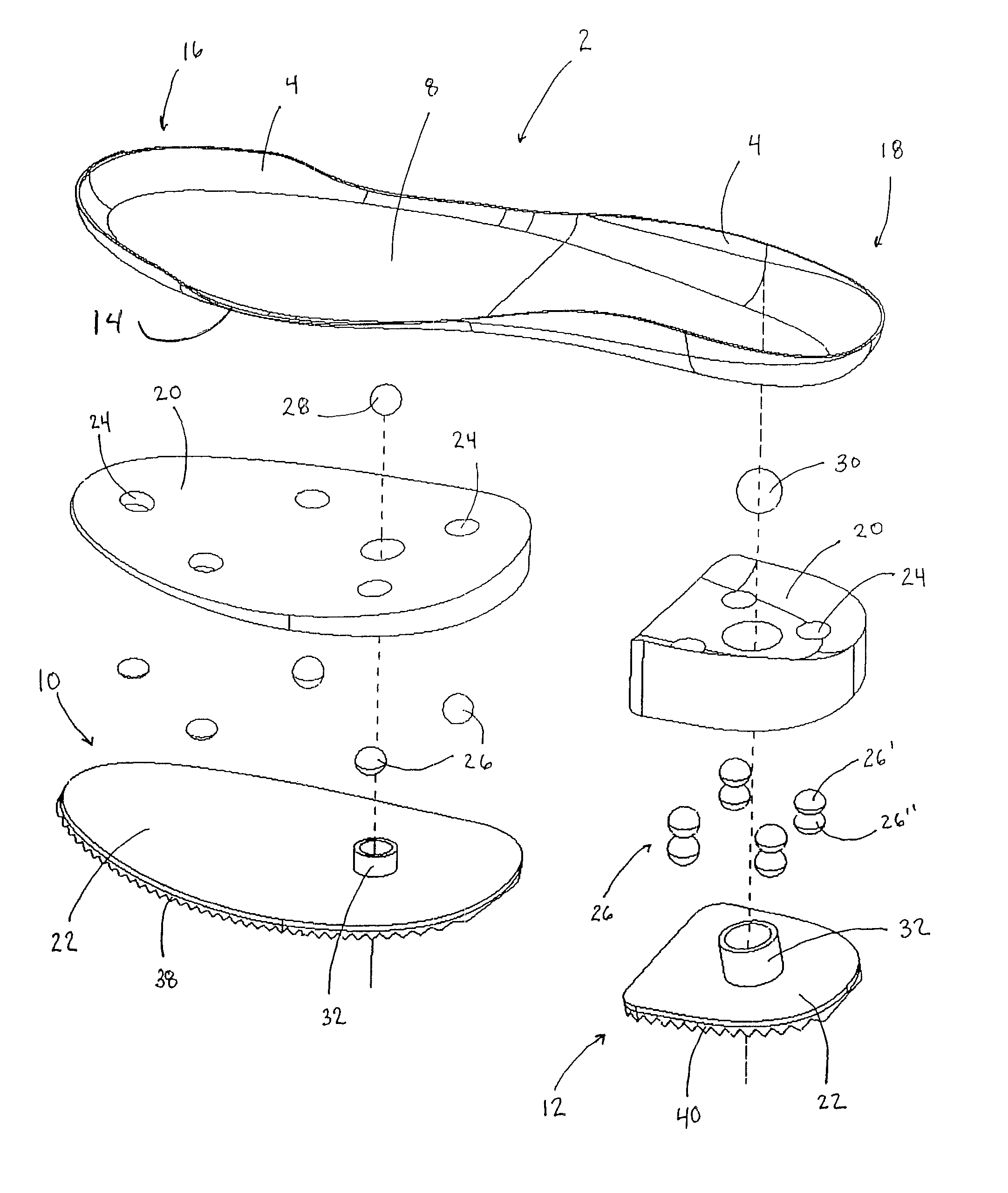 Shoe sole with pivotal ground engaging plate