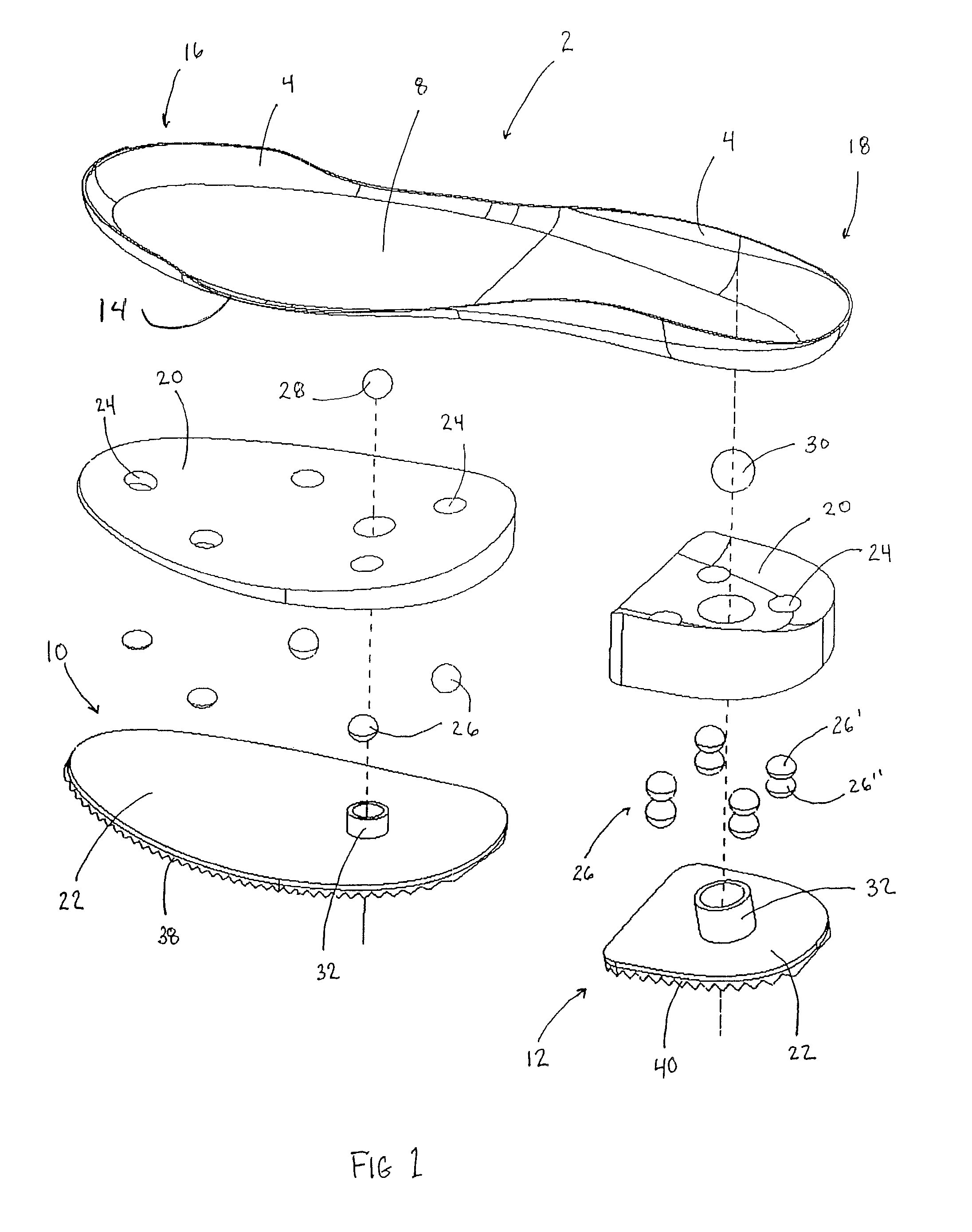 Shoe sole with pivotal ground engaging plate