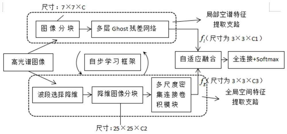 Hyperspectral image classification method based on self-paced learning double-flow multi-scale dense connection network