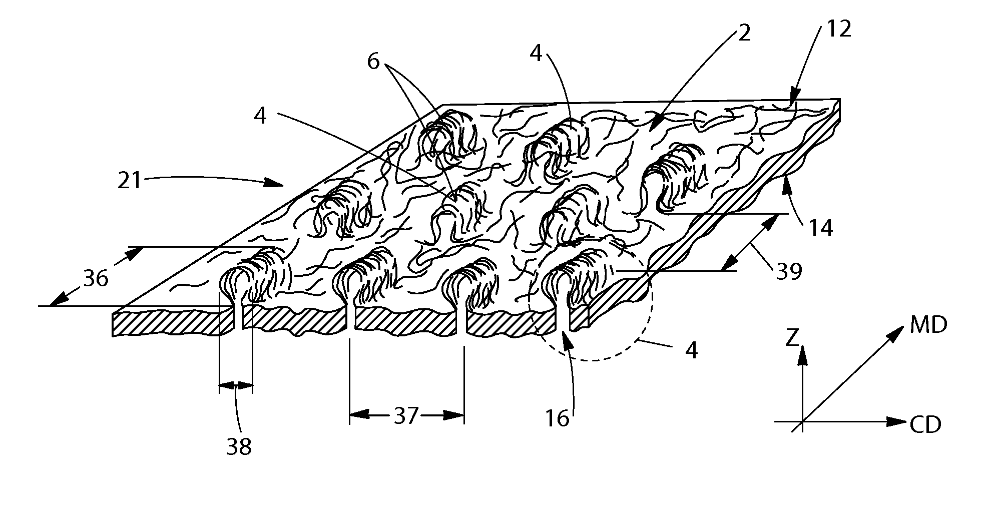 Fluid permeable structured fibrous web