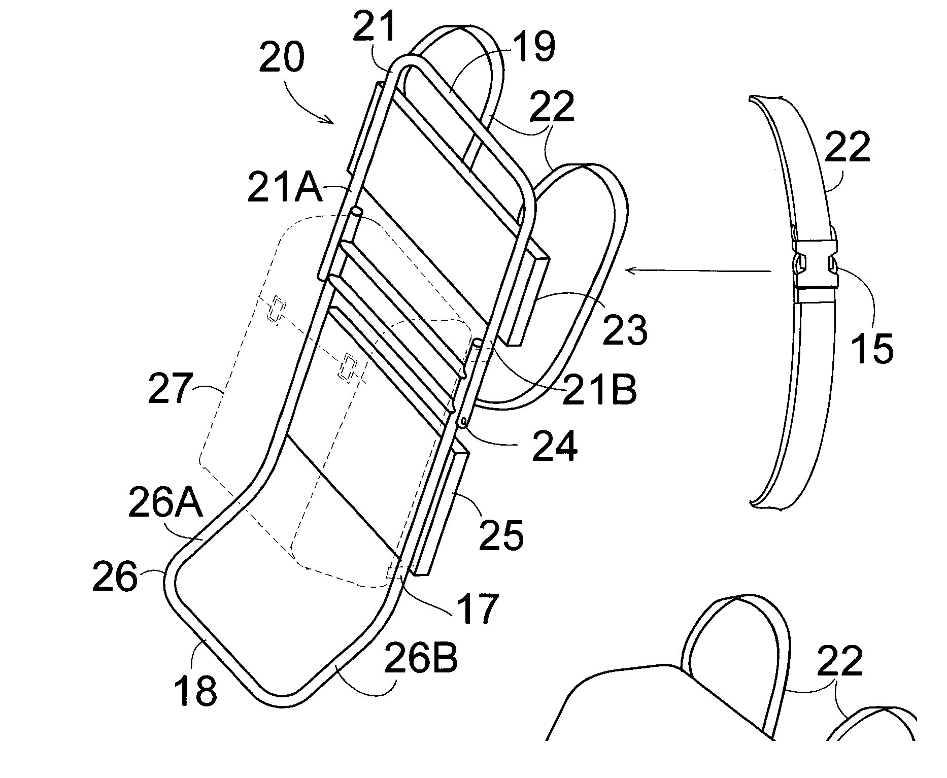 Convertible backpack frame, folding chair, stool and note