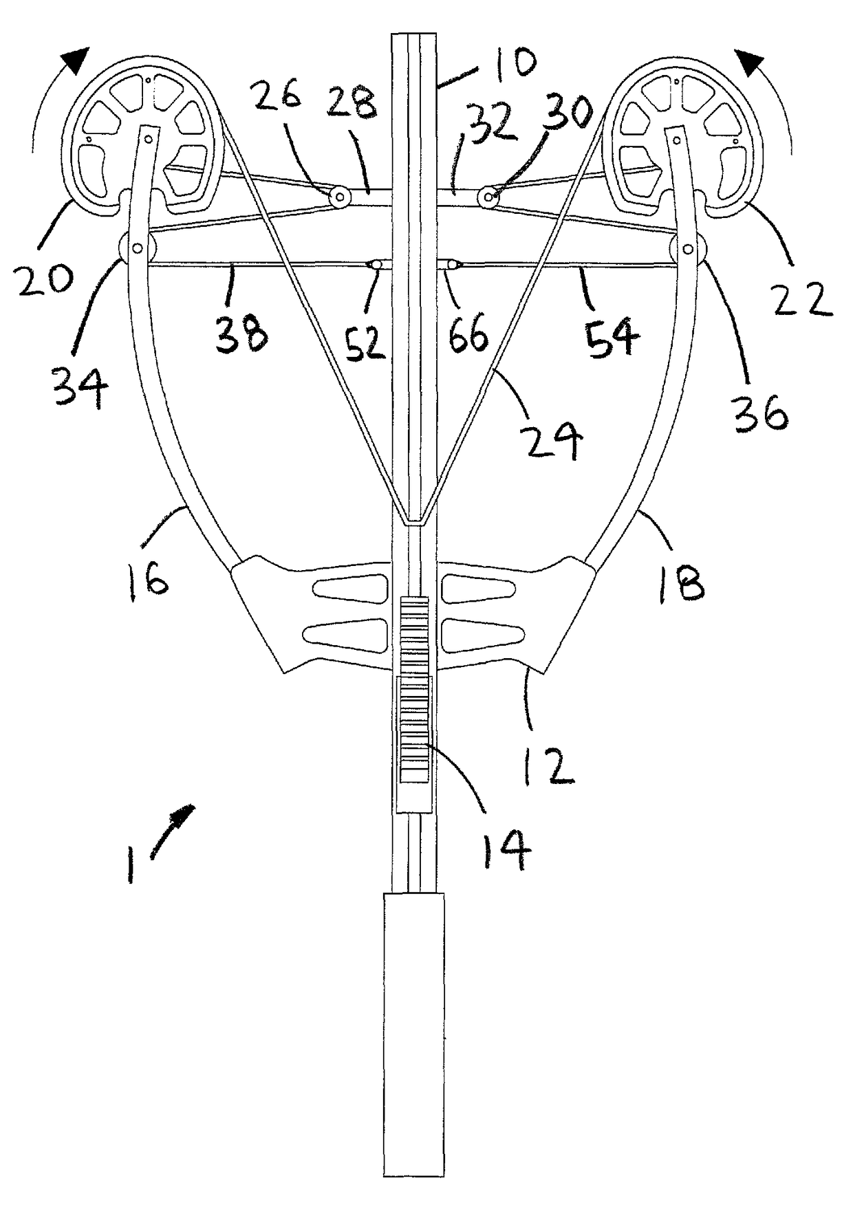 Reverse style crossbow having four cable pulleys