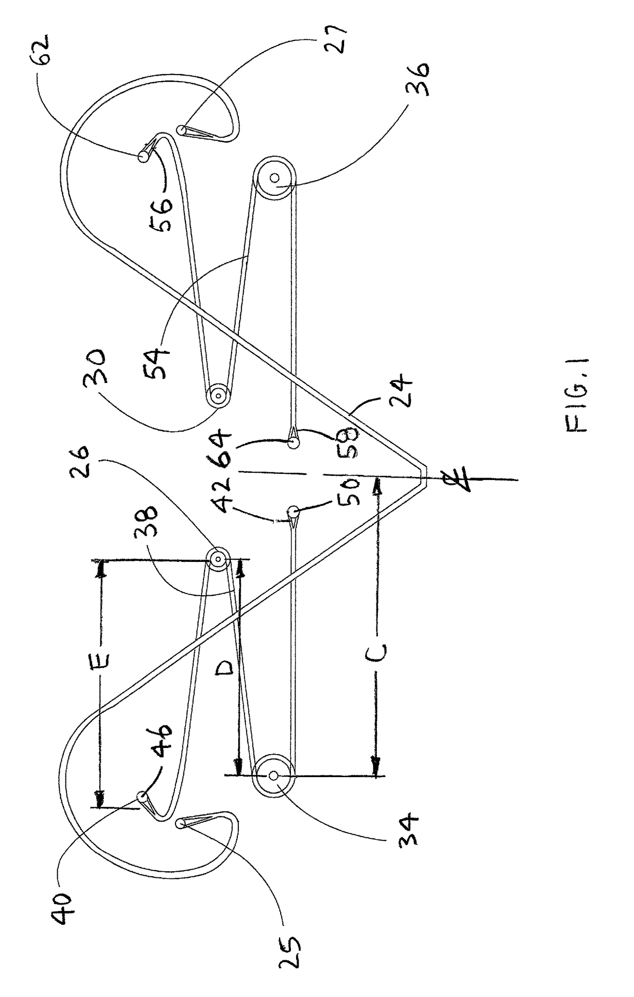 Reverse style crossbow having four cable pulleys