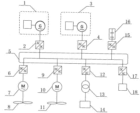 Shipping direct-current networking electric propulsion system with pulse load assembly and adjusting and controlling method