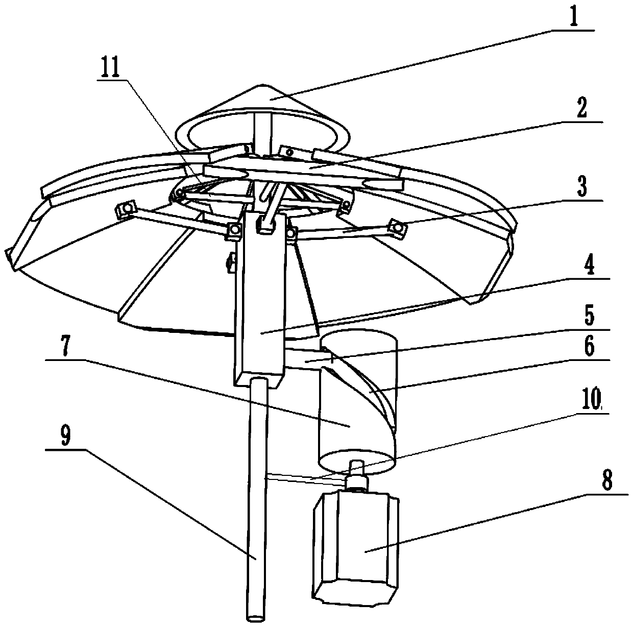 Umbrella-shaped uniform distributing machine for grains in grain tank