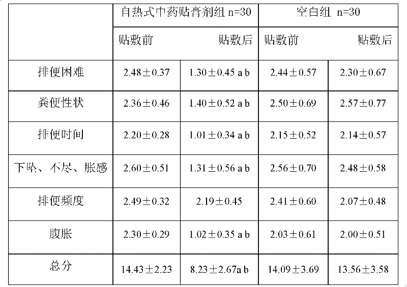 Self-heating Chinese medicinal adhesive plaster for improving constipation