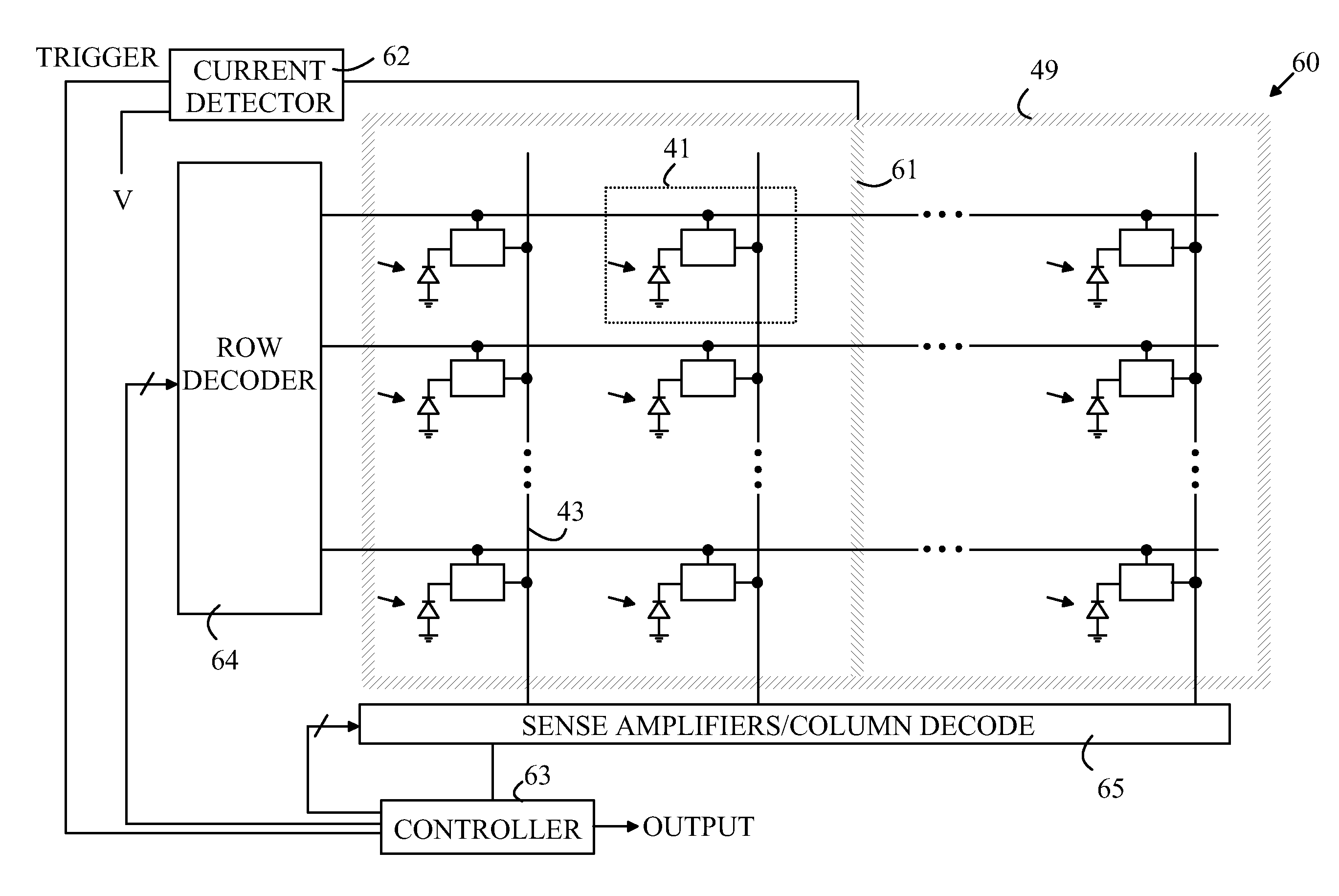 Self-triggering CMOS imaging array utilizing guard region structures as light detectors