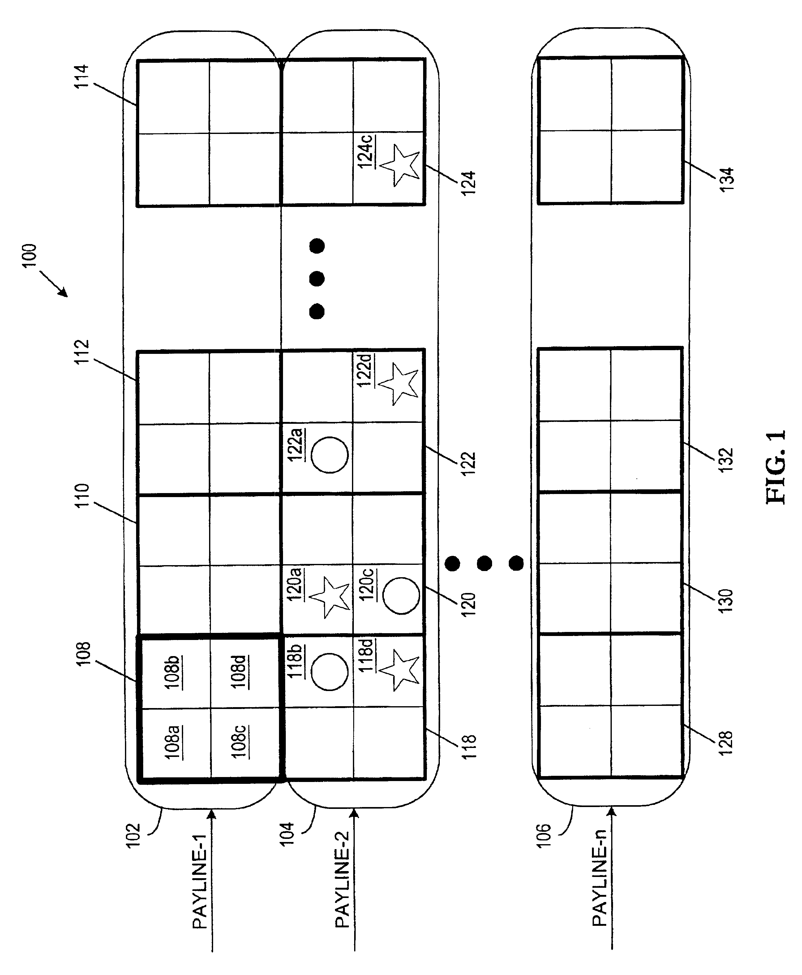 Gaming method and apparatus implementing a hierarchical display grid and dynamically generated paylines