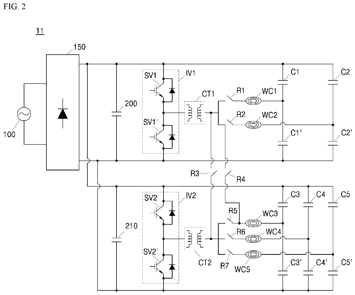 Induction heating device having improved control algorithm and circuit structure