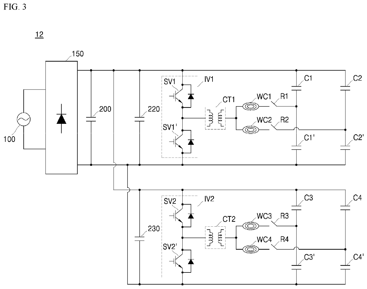 Induction heating device having improved control algorithm and circuit structure