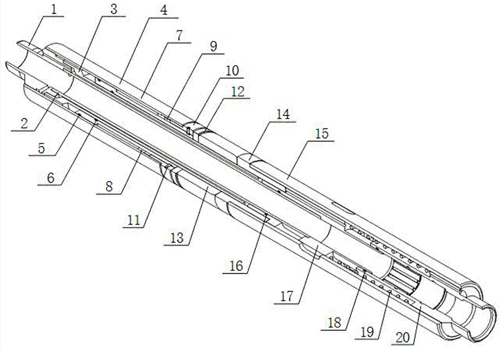 Self-packing dual-channel fluid control stepless fracture sliding sleeve device