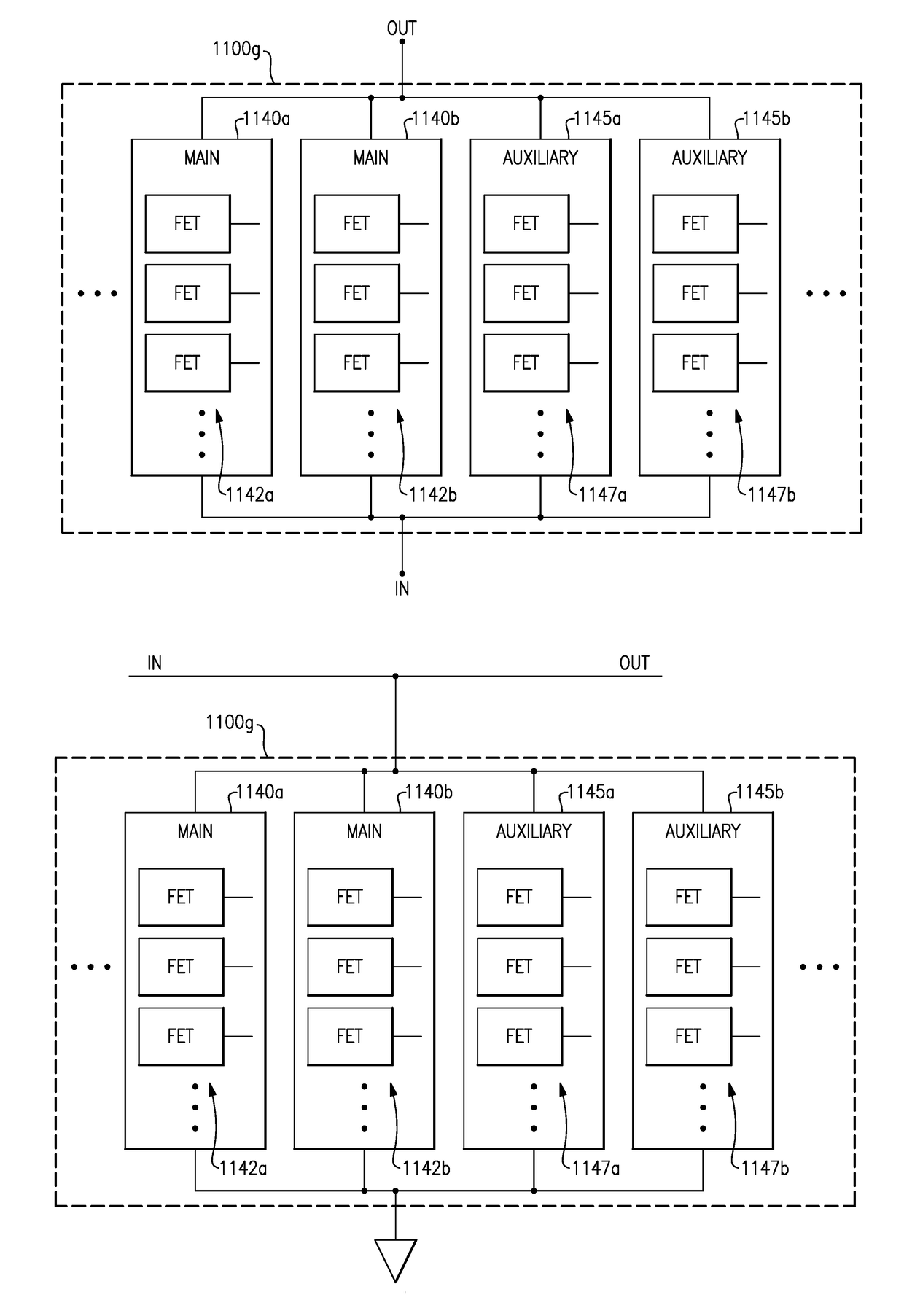 Series main-auxiliary field-effect transistor configurations for radio frequency applications