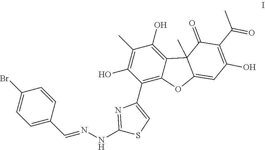 2-acetyl-6-(2-(2-(4-bromobenzylidene)hydrazinyl)thiazole-4-yl)-3,7,9-trihy- droxy-8,9b-dimethyldibenzo[,b,d]furan-1(9bh)-one exhibiting an inhibitory effect on human tyrosyl-DNA-phosphodiesterase 1 enzyme