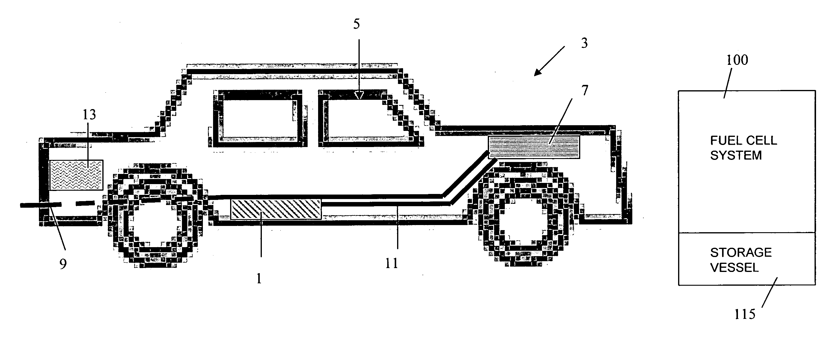 Low pressure hydrogen fueled vehicle and method of operating same