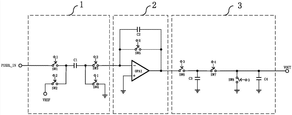 Low-noise reading circuit for CMOS image sensor and reading method thereof