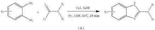 Method for catalytic synthesis of benzimidazole derivative from N,N-dimethylthiocarbamoyl chloride derivative under microwave radiation