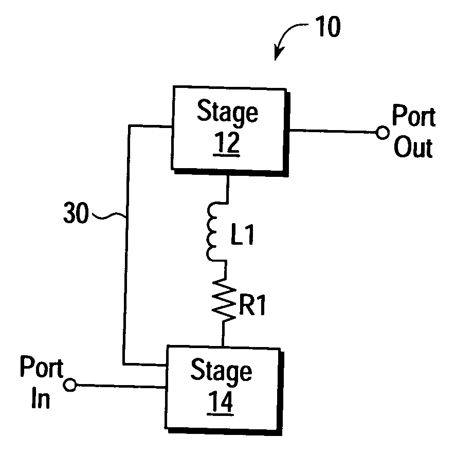 Two-stage amplifier with series L-R coupling network