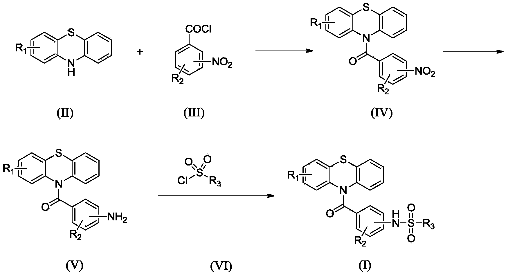 N-substituted benzoyl phenothiazine compounds as well as preparation method and application thereof