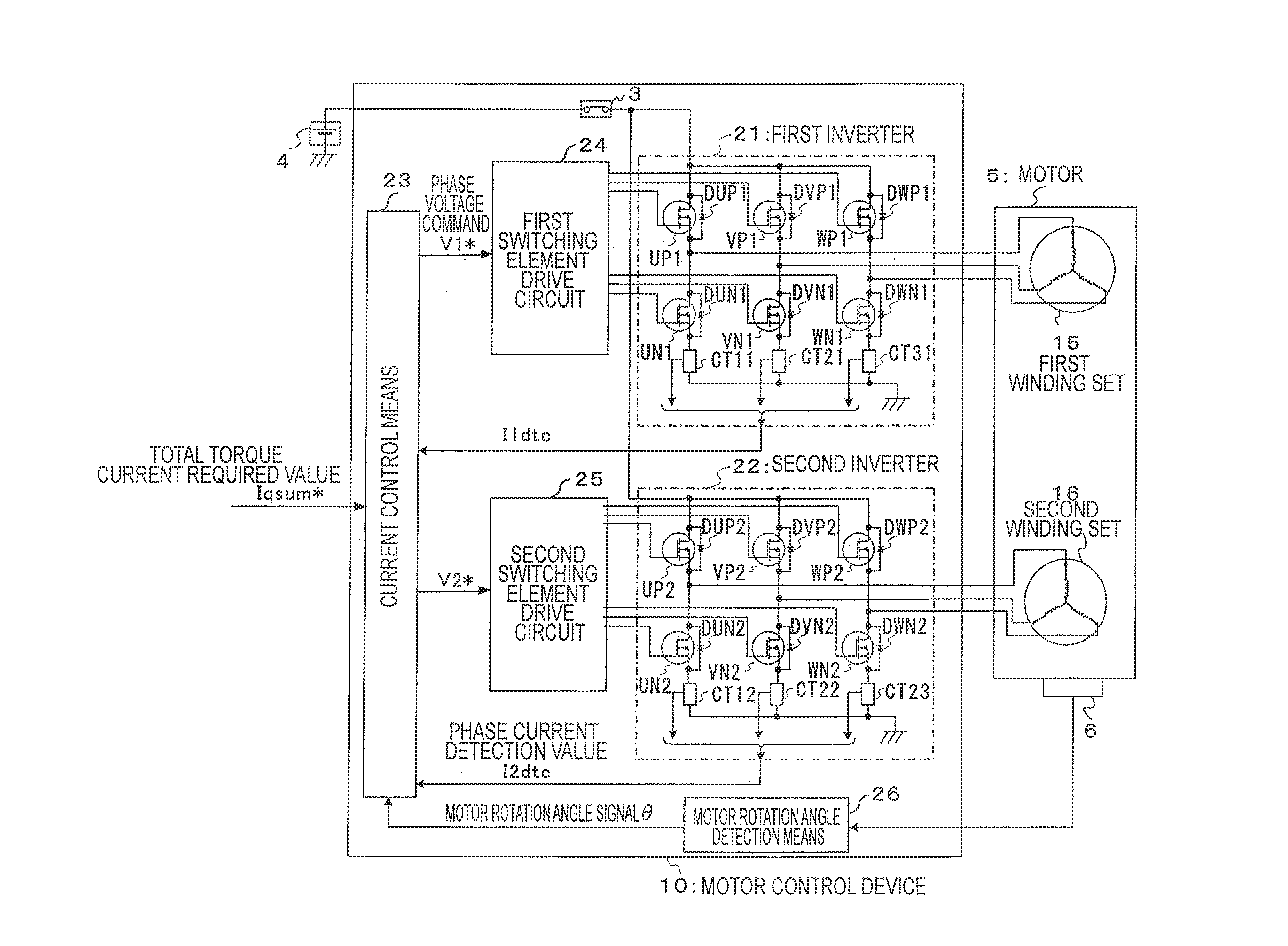 Motor control device, current control method applied to motor control device, and electric power steering device using motor control device