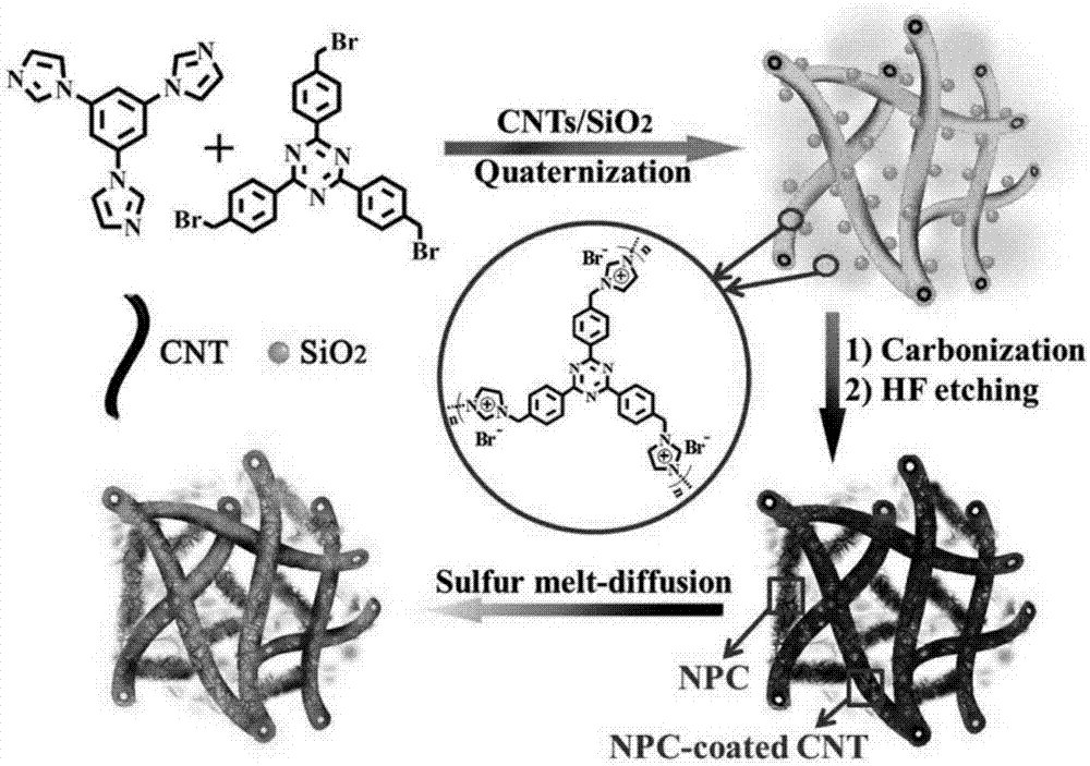 Ionic polymer derivative carbon material used as lithium-sulfur battery positive electrode material