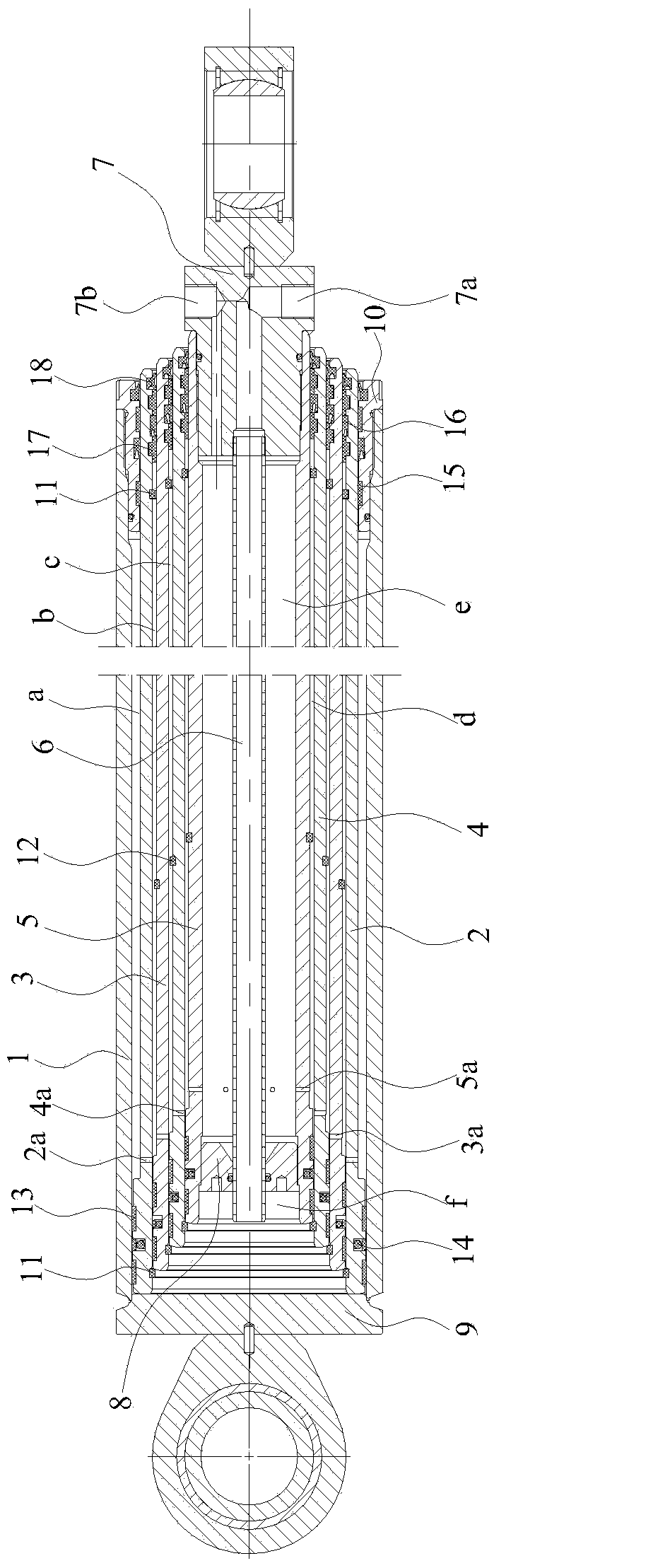 Double-purpose through hole type four-level oil cylinder