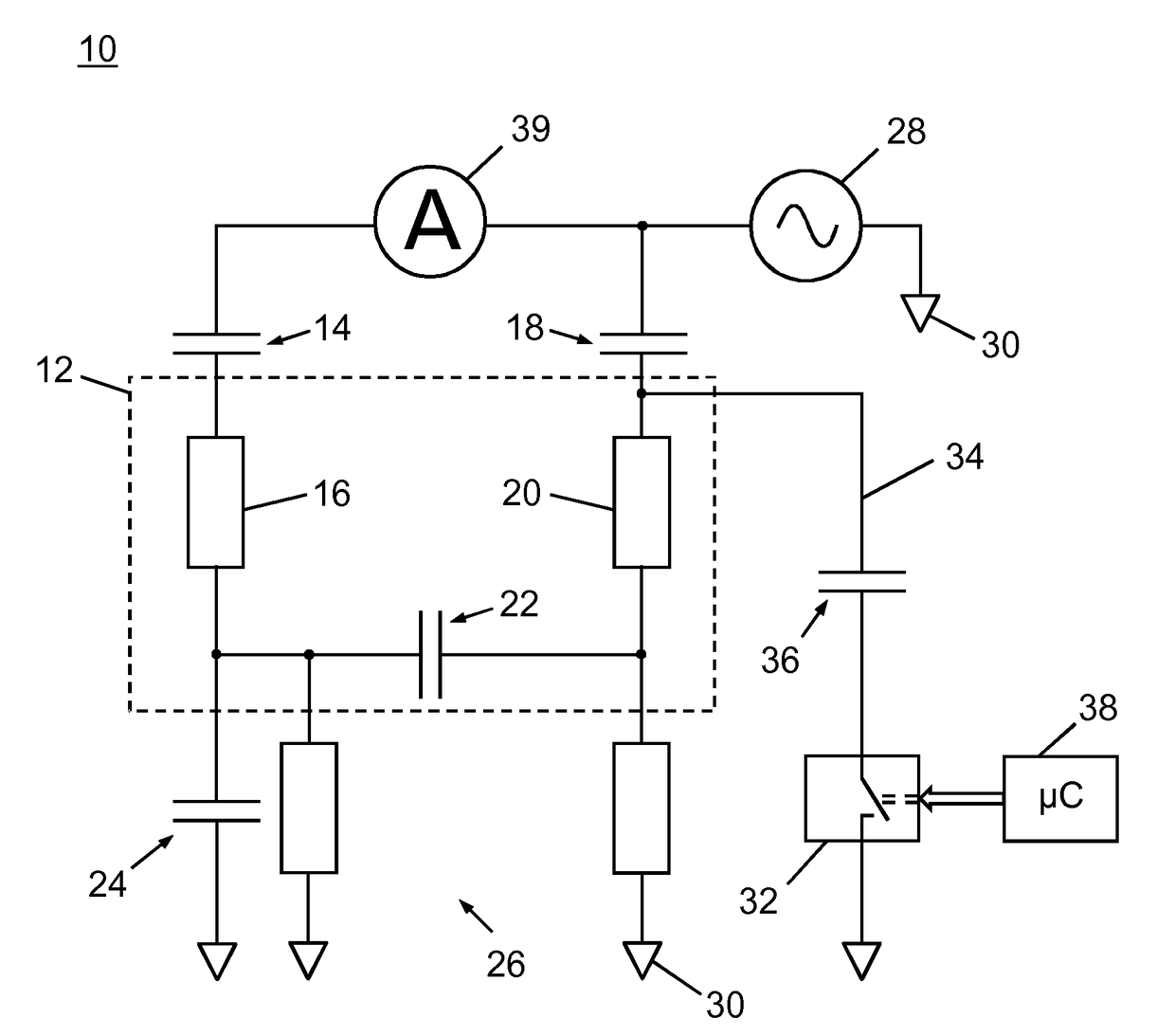 Capacitive sensing system with hardware diagnostics concept for detection of sensor interruption