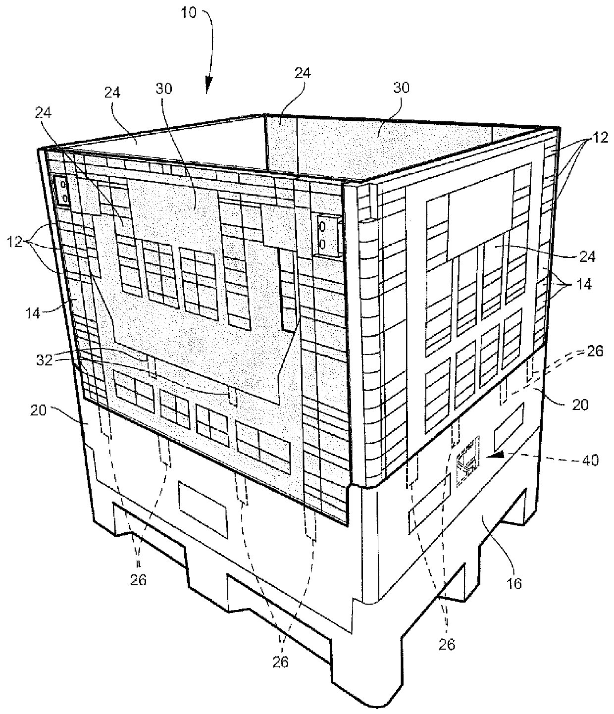 Rotating sidewall stop for supporting folding sidewalls of a height-extended bulk box