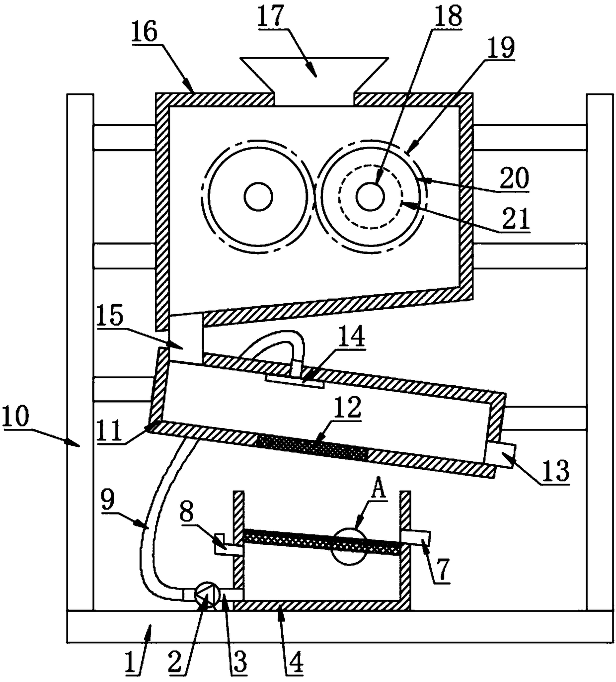 Ore crushing device for preventing dust from flying