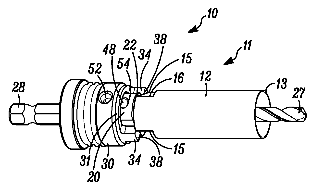 Quick change arbor, hole cutter, and method