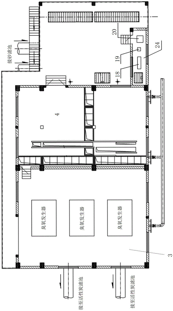 A combined structure of a lift pump room and a rear ozone contact pool