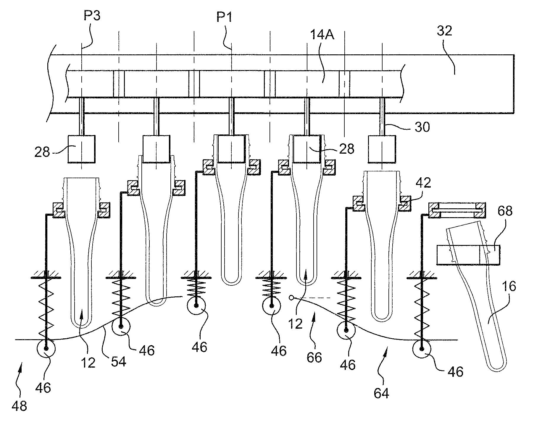 Device for loading containers on a transporting element provided with means for ejecting incorrectly loaded containers