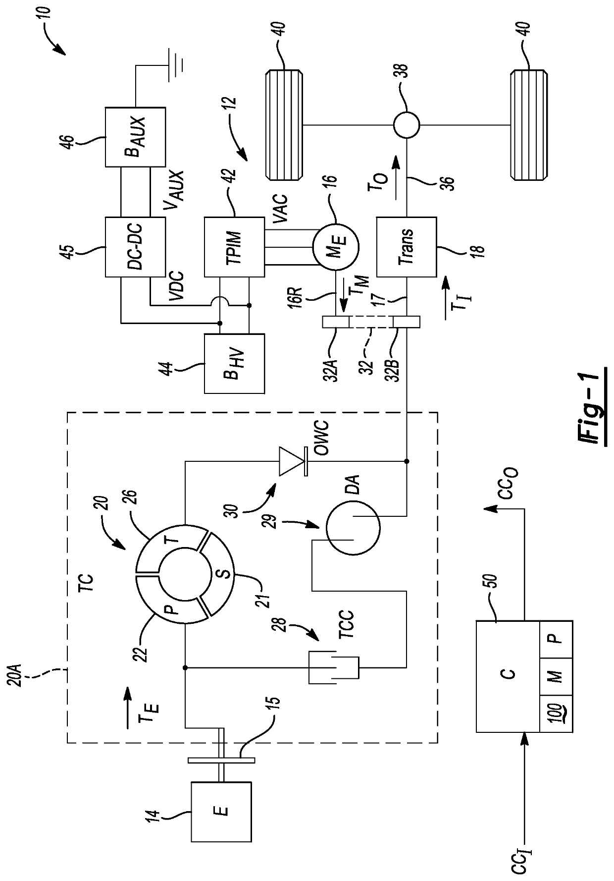 Hybrid electric powertrain with engine torque-smoothing transition control logic