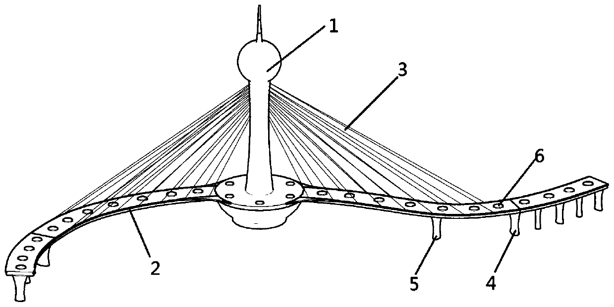 Combined bridge tower of ultra-large-span pedestrian landscape curve-shaped cable-stayed bridge and construction method