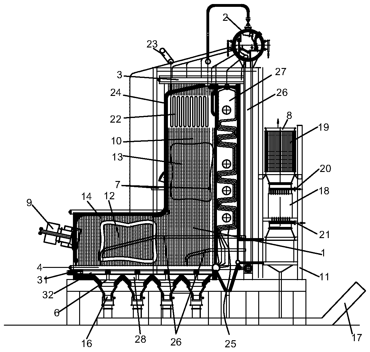 Gas and powder fuel dual-purpose boiler provided with front O type horizontal hearth and rear vertical hearth