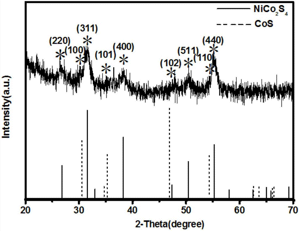 NiCo2S4/XS (X=Ni, Co) composite nanometer material and preparation method and application thereof