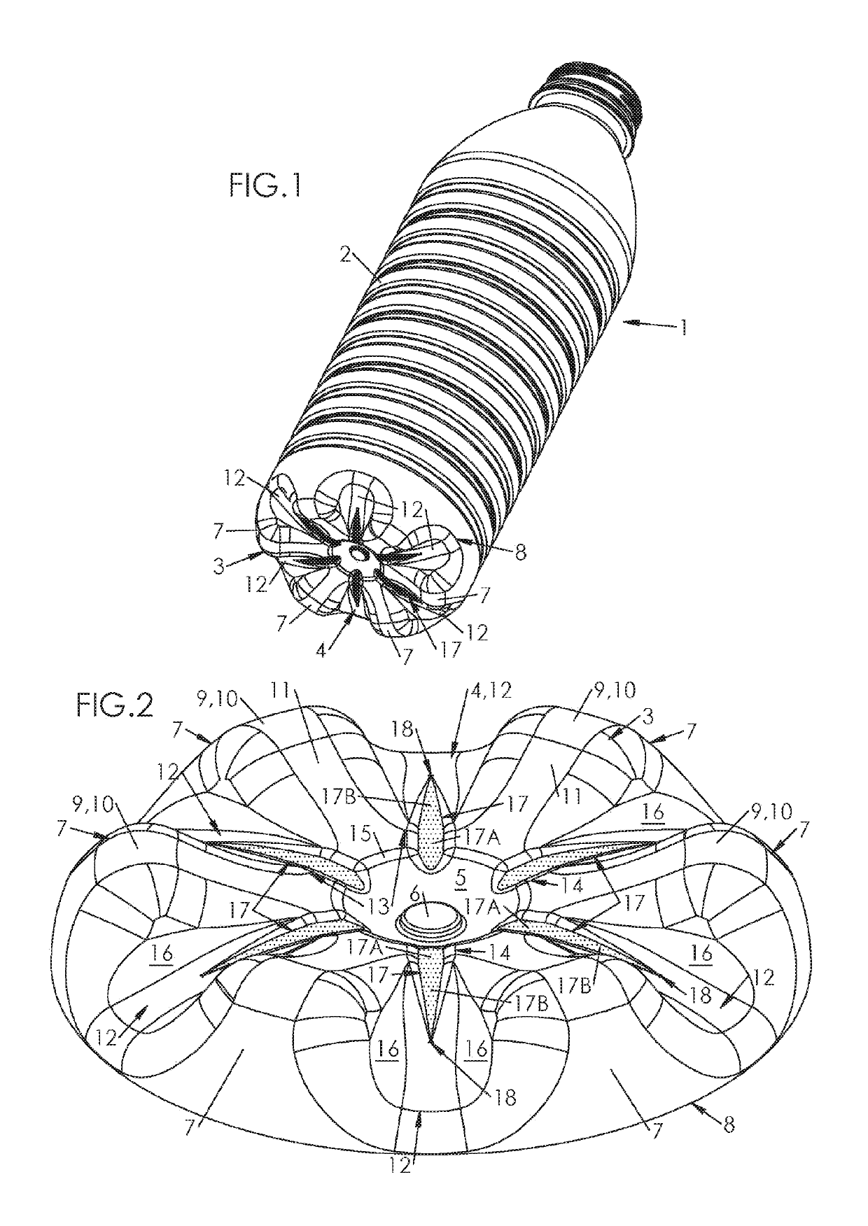 Container having a petaloid base and groove