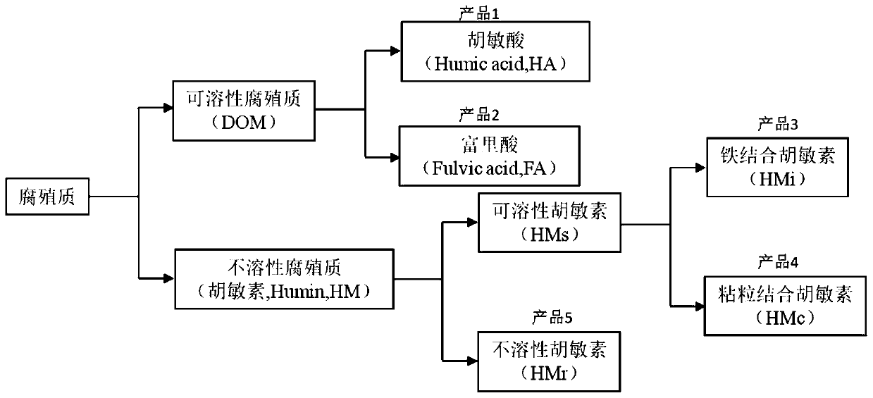 Method for extracting and purifying humus in soil, peat and lignite