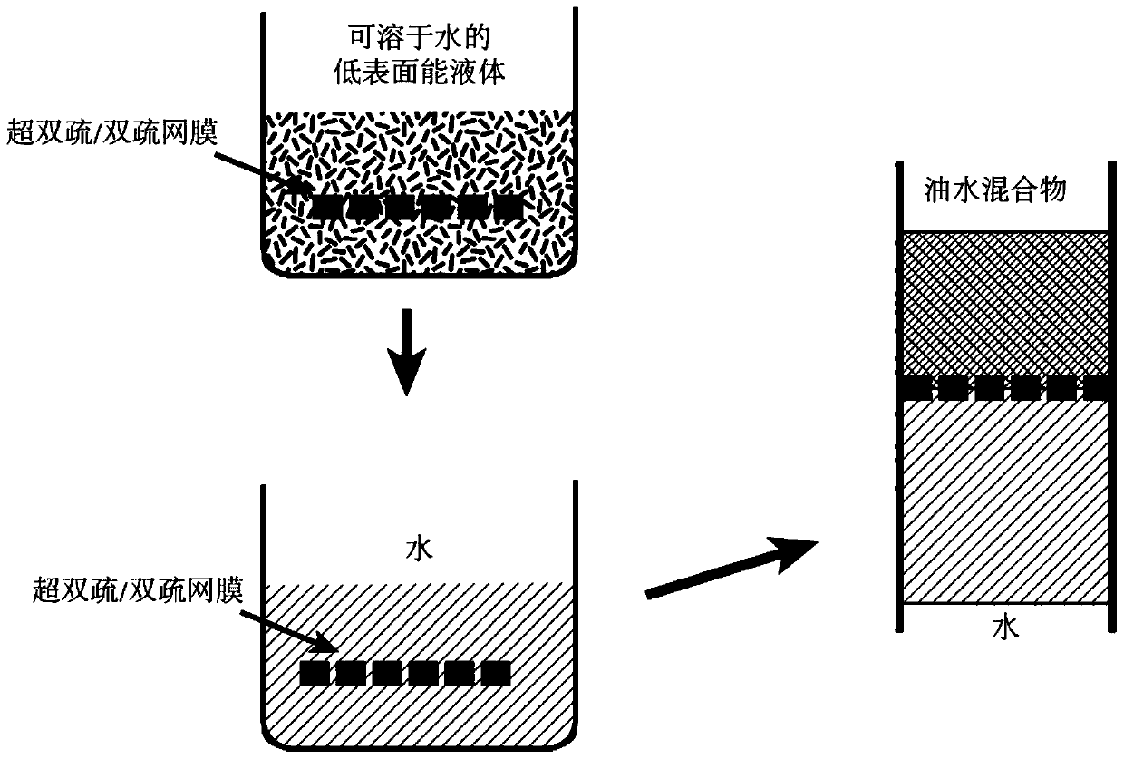 Method for realizing water-passing and oil-blocking oil-water separation by using superamphiphobic or amphiphobic omentum